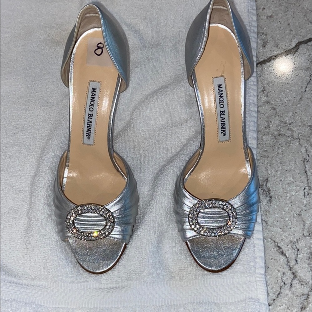 Manolo Blahnik silver leather peep toe pumps